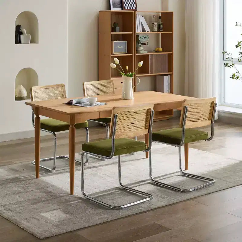 TUYOHW Lot de 2 chaises de salle à manger modernes, chaises d'appoint avec dossier en rotin naturel, base en acier chromé, chaises en rotin rembourrées en lin pour salle à manger