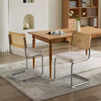 TUYOHW Lot de 2 chaises de salle à manger modernes, chaises d'appoint avec dossier en rotin naturel, base en acier chromé, chaises en rotin rembourrées en lin pour salle à manger