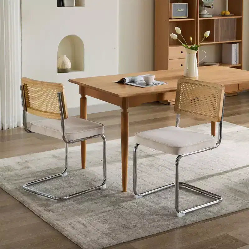 TUYOHW Lot de 2 chaises de salle à manger modernes, chaises d'appoint avec dossier en rotin naturel, base en acier chromé, chaises en rotin rembourrées en lin pour salle à manger