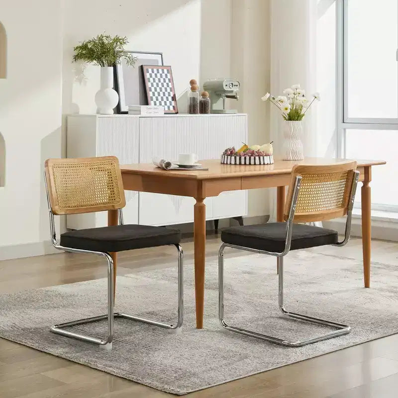 TUYOHW Lot de 2 chaises de salle à manger modernes, chaises d'appoint avec dossier en rotin naturel, base en acier chromé, chaises en rotin rembourrées en lin pour salle à manger