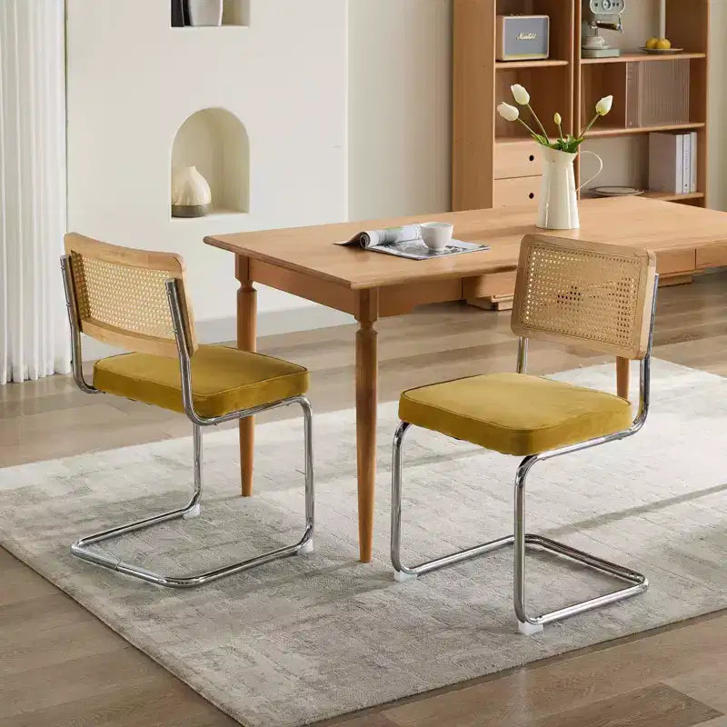 TUYOHW Lot de 2 chaises de salle à manger modernes, chaises d'appoint avec dossier en rotin naturel, base en acier chromé, chaises en rotin rembourrées en lin pour salle à manger