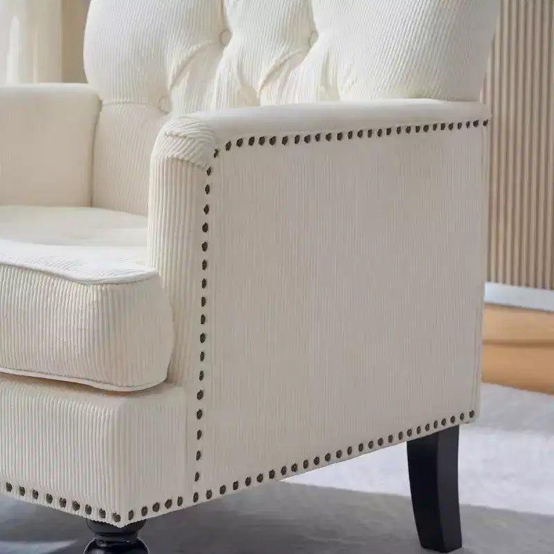 TUYOHW Fauteuil club capitonné, Fauteuil d'appoint en tissu côtelé de lin, Bordure cloutée, Canapé-chaise rembourré avec boutons pour salon, coin lecture