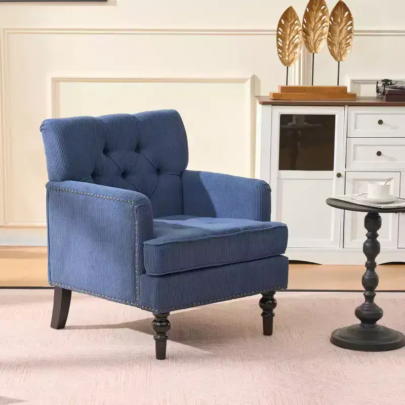 TUYOHW Fauteuil club capitonné, Fauteuil d'appoint en tissu côtelé de lin, Bordure cloutée, Canapé-chaise rembourré avec boutons pour salon, coin lecture