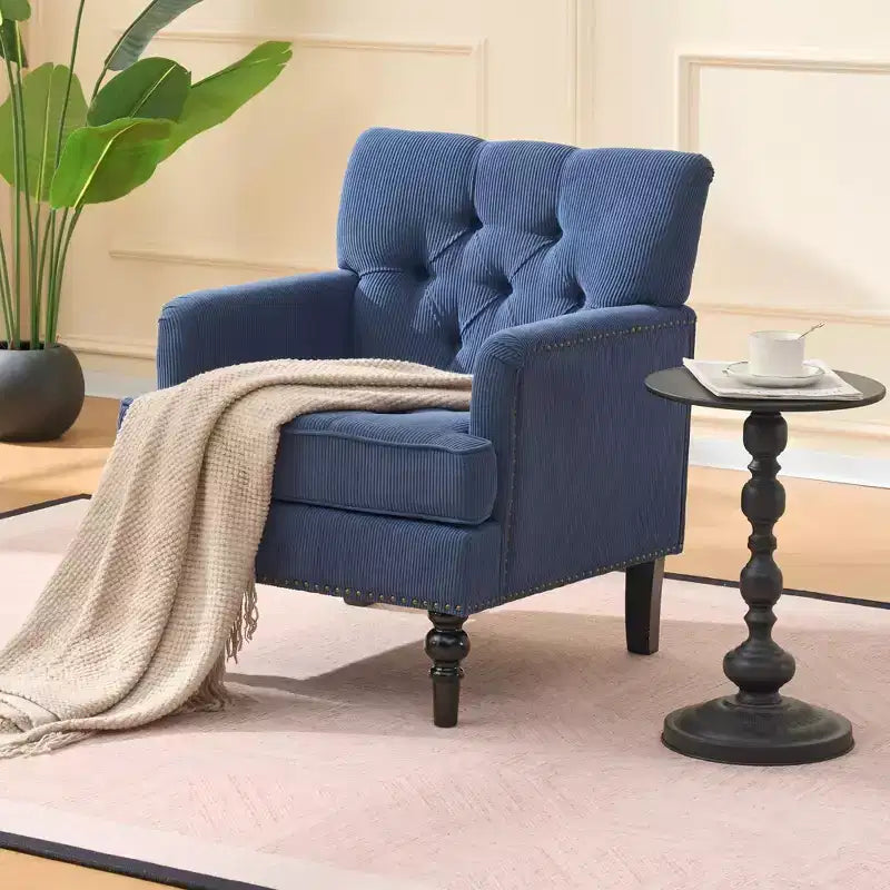 TUYOHW Fauteuil club capitonné, Fauteuil d'appoint en tissu côtelé de lin, Bordure cloutée, Canapé-chaise rembourré avec boutons pour salon, coin lecture