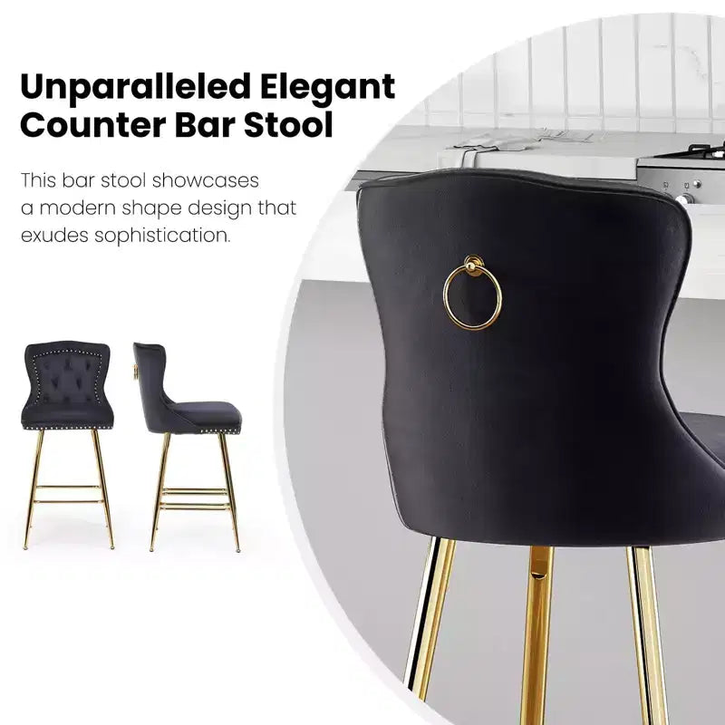 TUYOHW Lot de 2 tabourets de bar, tabourets de bar hauteur comptoir en velours avec capitonnage à boutons, garniture à clous décoratifs, chaises à oreilles pour îlot de cuisine, salle à manger