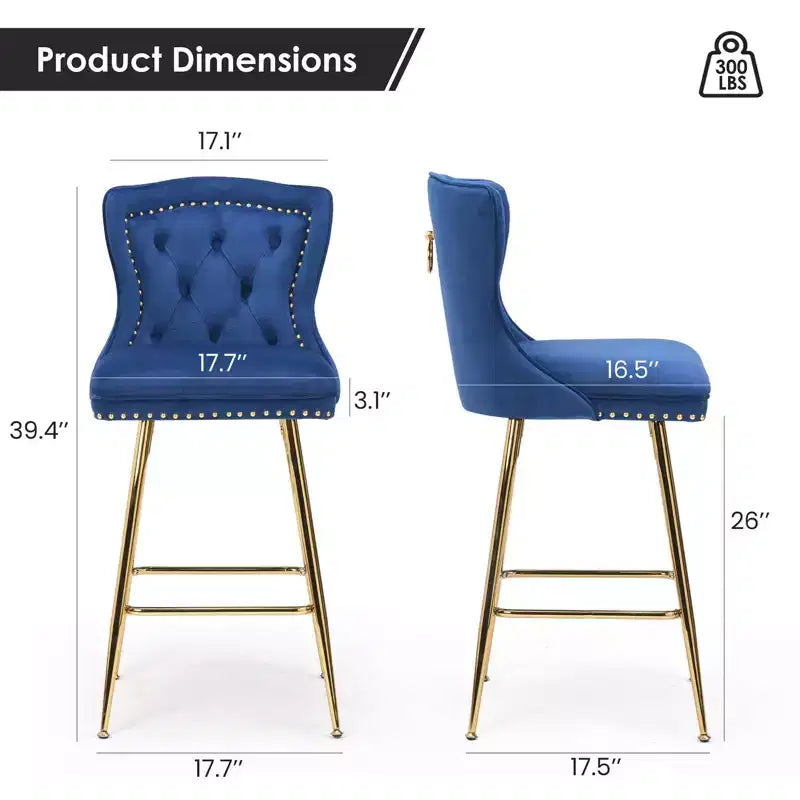 TUYOHW Lot de 2 tabourets de bar, tabourets de bar hauteur comptoir en velours avec capitonnage à boutons, garniture à clous décoratifs, chaises à oreilles pour îlot de cuisine, salle à manger