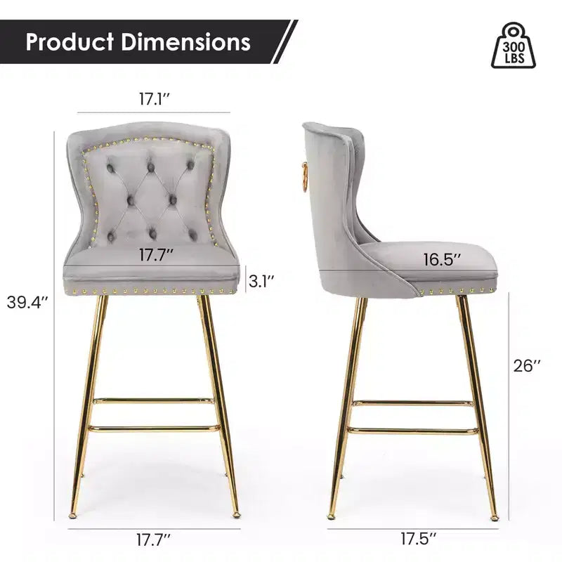 TUYOHW Lot de 2 tabourets de bar, tabourets de bar hauteur comptoir en velours avec capitonnage à boutons, garniture à clous décoratifs, chaises à oreilles pour îlot de cuisine, salle à manger
