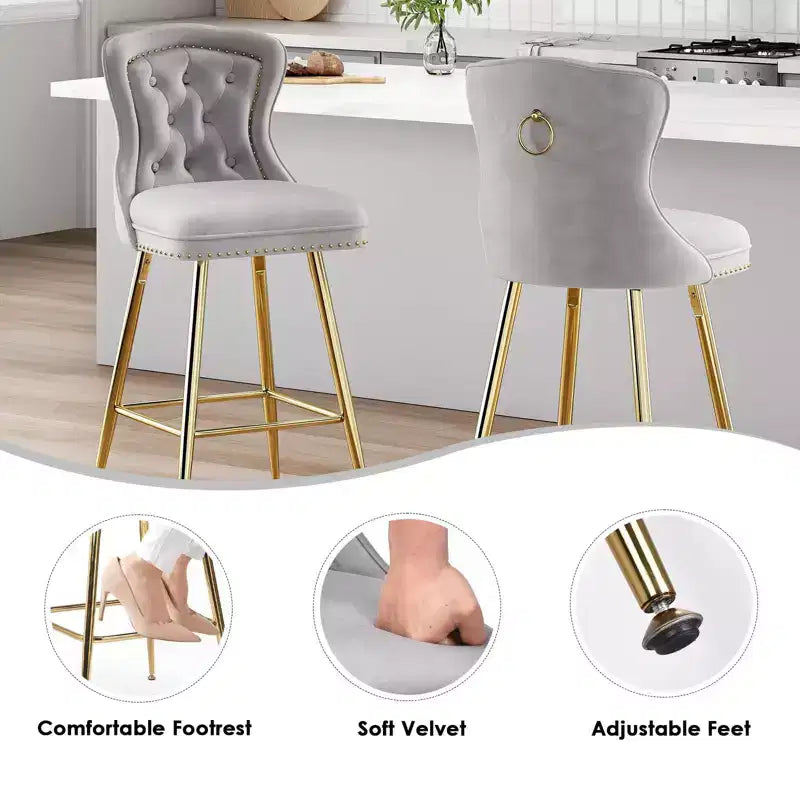 TUYOHW Lot de 2 tabourets de bar, tabourets de bar hauteur comptoir en velours avec capitonnage à boutons, garniture à clous décoratifs, chaises à oreilles pour îlot de cuisine, salle à manger