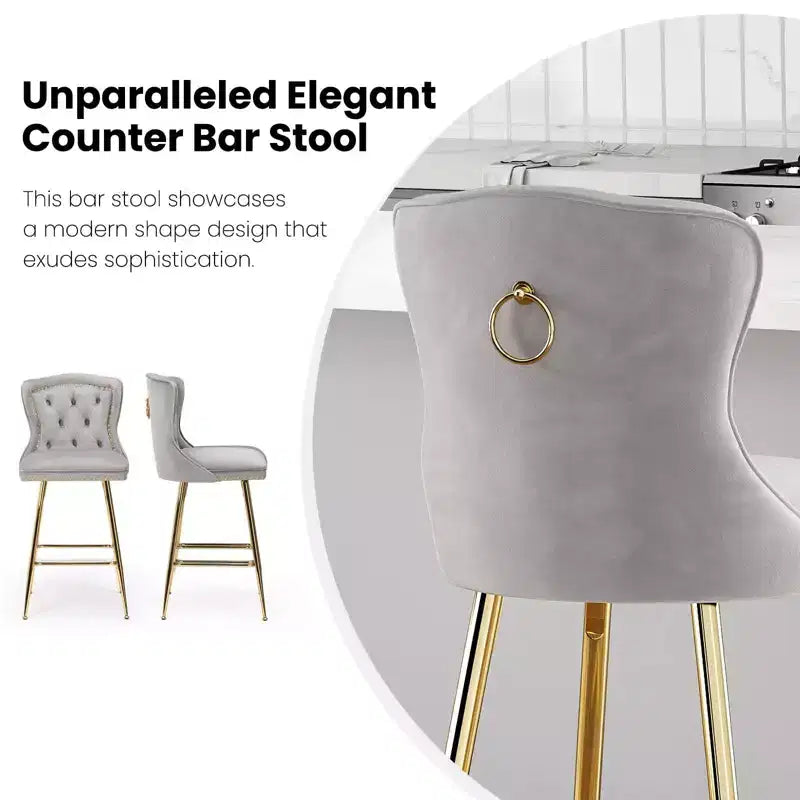 TUYOHW Lot de 2 tabourets de bar, tabourets de bar hauteur comptoir en velours avec capitonnage à boutons, garniture à clous décoratifs, chaises à oreilles pour îlot de cuisine, salle à manger