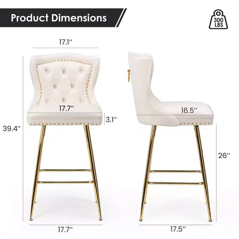 TUYOHW Lot de 2 tabourets de bar, tabourets de bar hauteur comptoir en velours avec capitonnage à boutons, garniture à clous décoratifs, chaises à oreilles pour îlot de cuisine, salle à manger