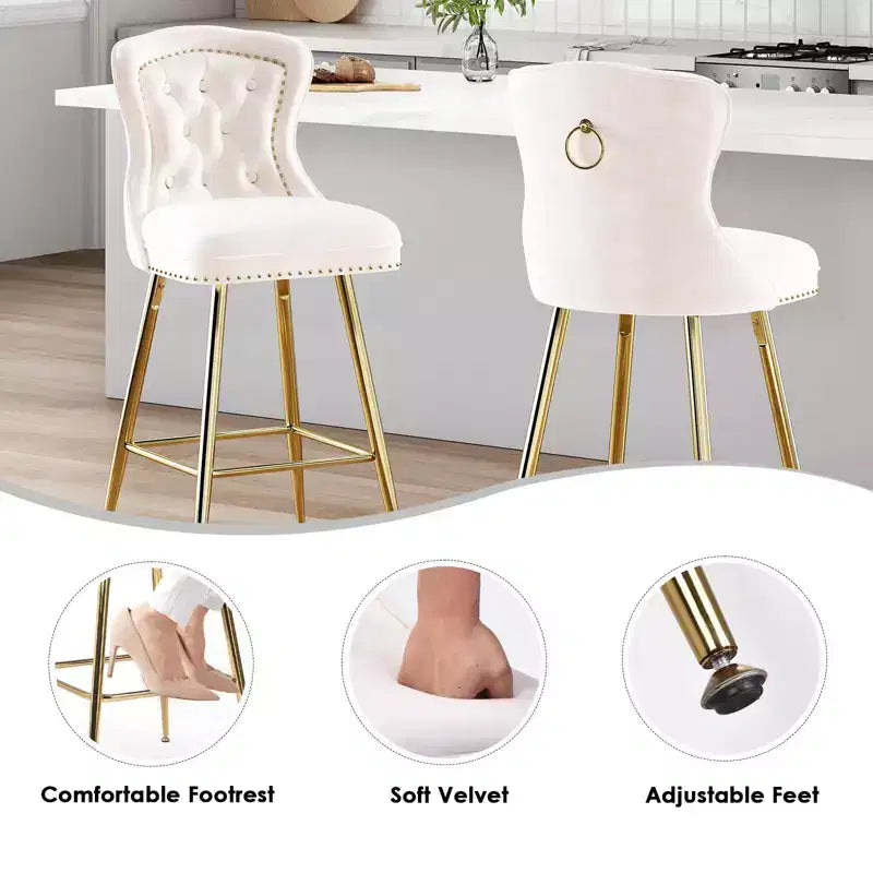 TUYOHW Lot de 2 tabourets de bar, tabourets de bar hauteur comptoir en velours avec capitonnage à boutons, garniture à clous décoratifs, chaises à oreilles pour îlot de cuisine, salle à manger