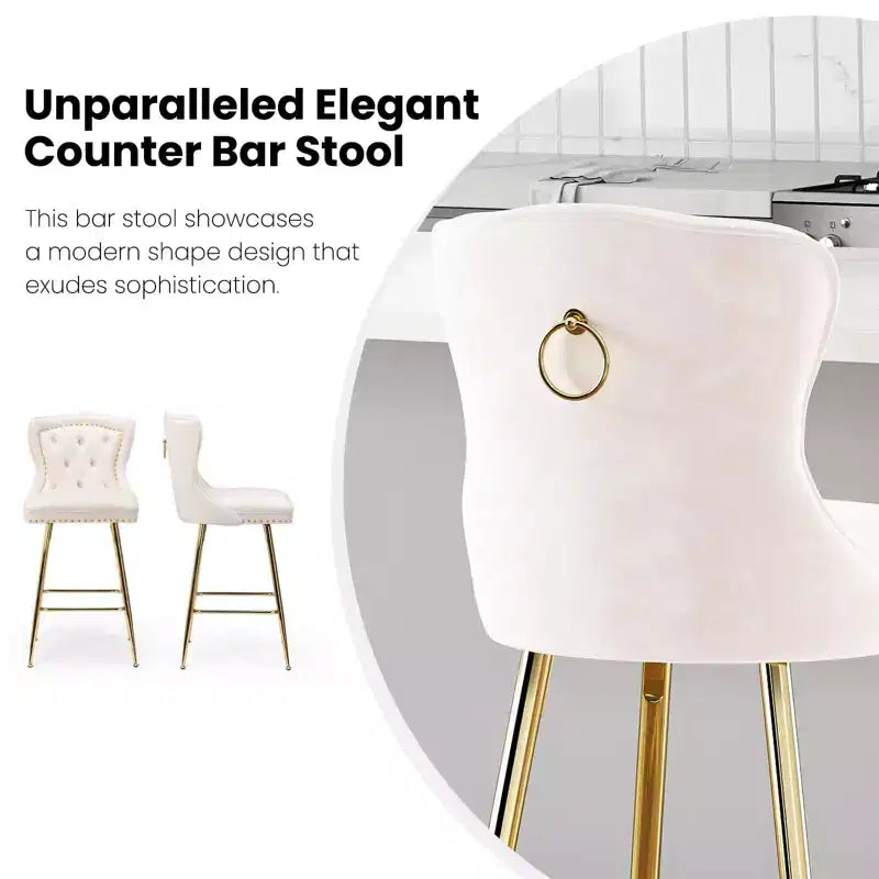TUYOHW Lot de 2 tabourets de bar, tabourets de bar hauteur comptoir en velours avec capitonnage à boutons, garniture à clous décoratifs, chaises à oreilles pour îlot de cuisine, salle à manger