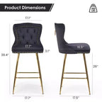 TUYOHW Lot de 2 tabourets de bar, tabourets de bar hauteur comptoir en velours avec capitonnage à boutons, garniture à clous décoratifs, chaises à oreilles pour îlot de cuisine, salle à manger