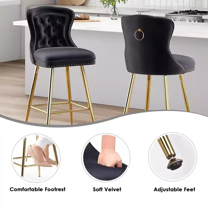 TUYOHW Lot de 2 tabourets de bar, tabourets de bar hauteur comptoir en velours avec capitonnage à boutons, garniture à clous décoratifs, chaises à oreilles pour îlot de cuisine, salle à manger