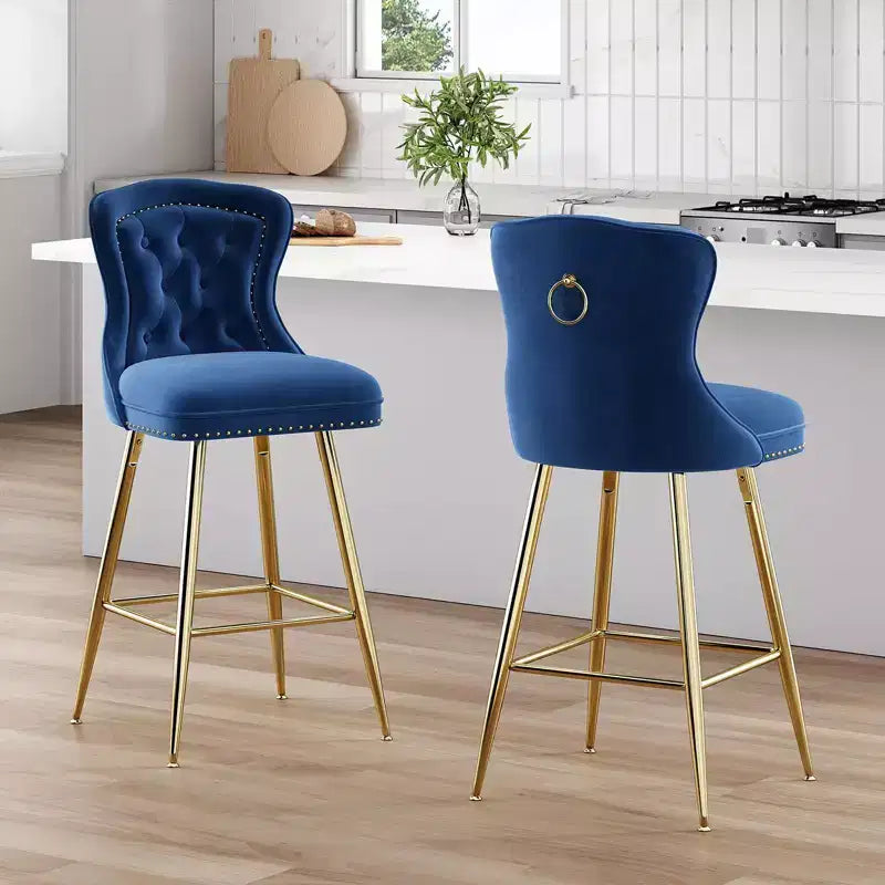 TUYOHW Lot de 2 tabourets de bar, tabourets de bar hauteur comptoir en velours avec capitonnage à boutons, garniture à clous décoratifs, chaises à oreilles pour îlot de cuisine, salle à manger