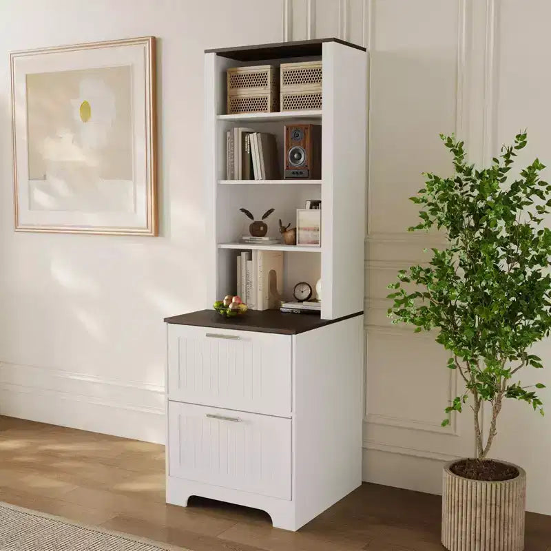 COZONY Bibliothèque haute de 183 cm avec 2 tiroirs classeurs, armoire de rangement style ferme avec 2 étagères réglables, étagère en bois pour salon et bureau