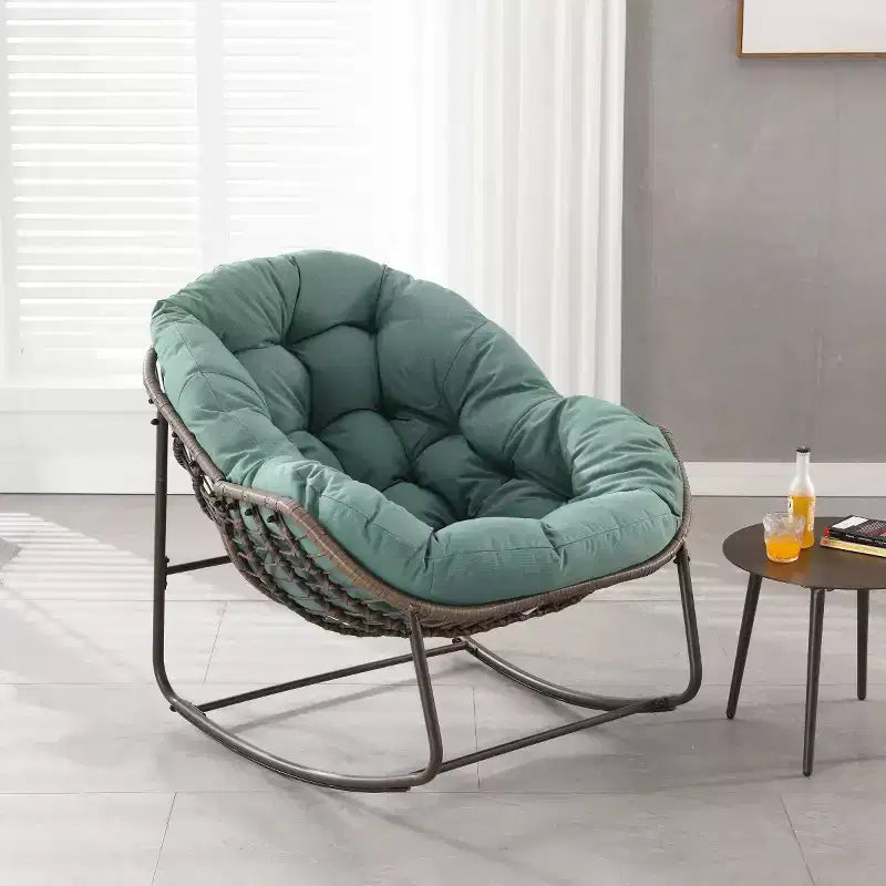 Fauteuil à bascule moderne en rotin avec coussin rembourré, fauteuil à bascule surdimensionné avec cadre en acier pour salon, chambre ou appartement - Panipeachy