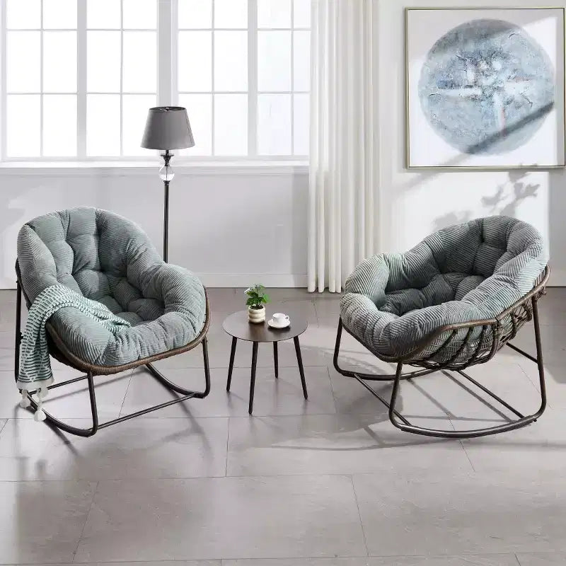 Fauteuil à bascule moderne en rotin avec coussin rembourré, fauteuil à bascule surdimensionné avec cadre en acier pour salon, chambre ou appartement - Panipeachy