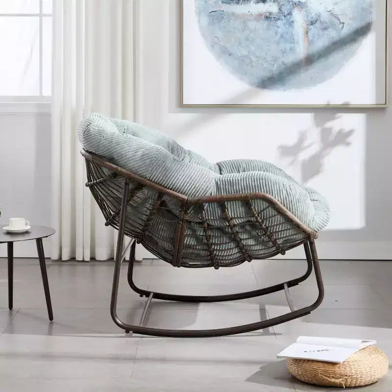 Fauteuil à bascule moderne en rotin avec coussin rembourré, fauteuil à bascule surdimensionné avec cadre en acier pour salon, chambre ou appartement - Panipeachy