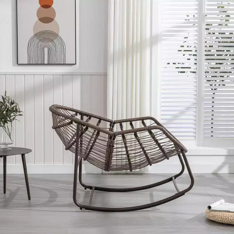 Fauteuil à bascule moderne en rotin avec coussin rembourré, fauteuil à bascule surdimensionné avec cadre en acier pour salon, chambre ou appartement - Panipeachy