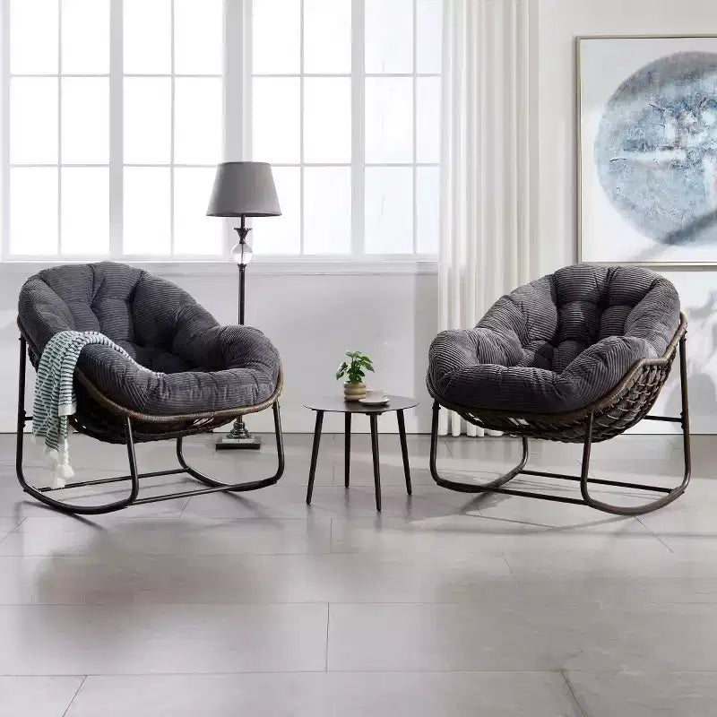 Fauteuil à bascule moderne en rotin avec coussin rembourré, fauteuil à bascule surdimensionné avec cadre en acier pour salon, chambre ou appartement - Panipeachy