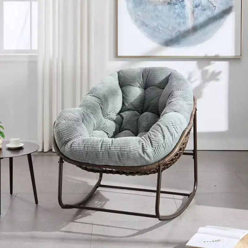 Fauteuil à bascule moderne en rotin avec coussin rembourré, fauteuil à bascule surdimensionné avec cadre en acier pour salon, chambre ou appartement - Panipeachy