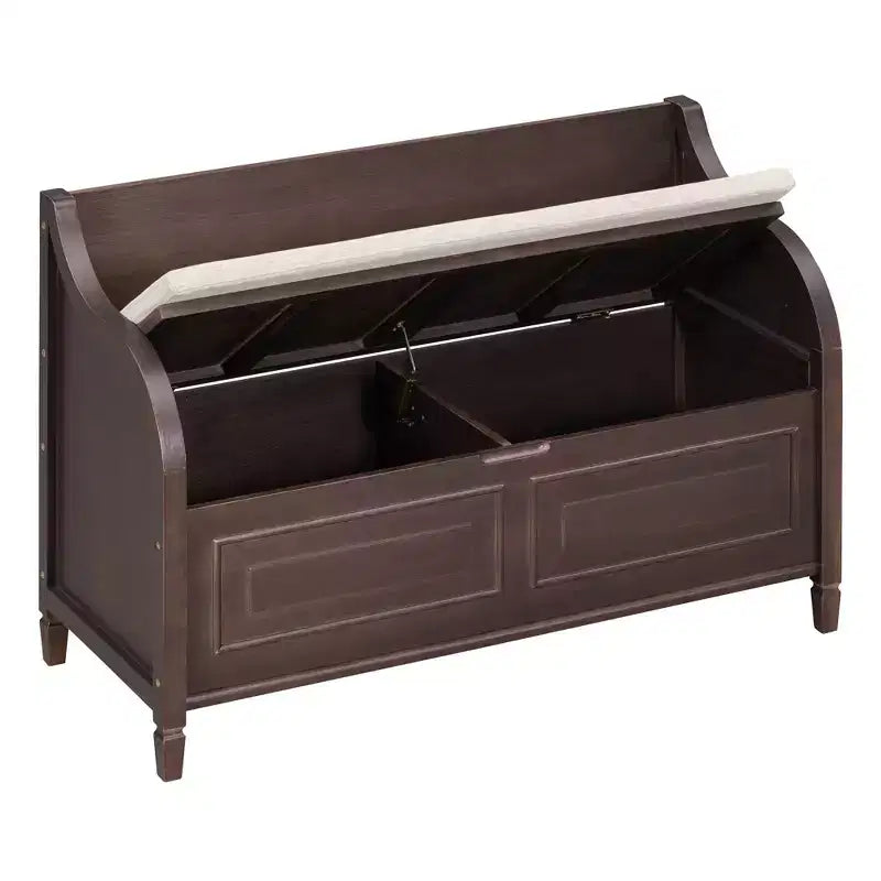 TUYOHW Banc de rangement rustique avec accoudoirs, banc d'entrée de style ferme avec charnière de sécurité, coussin fendu amovible, banc à chaussures pour chambre à coucher, salon