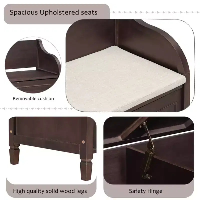TUYOHW Banc de rangement rustique avec accoudoirs, banc d'entrée de style ferme avec charnière de sécurité, coussin fendu amovible, banc à chaussures pour chambre à coucher, salon