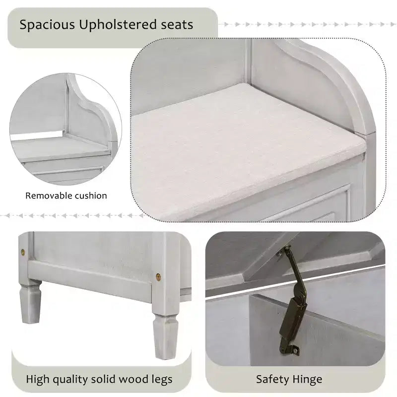 TUYOHW Banc de rangement rustique avec accoudoirs, banc d'entrée de style ferme avec charnière de sécurité, coussin fendu amovible, banc à chaussures pour chambre à coucher, salon