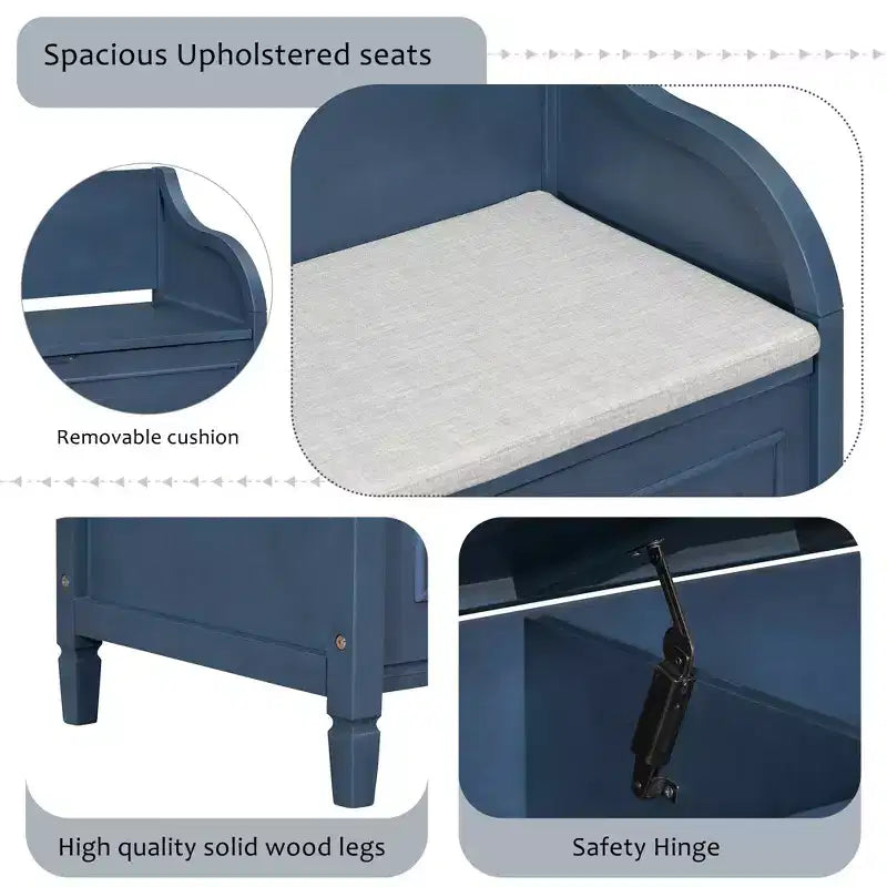 TUYOHW Banc de rangement rustique avec accoudoirs, banc d'entrée de style ferme avec charnière de sécurité, coussin fendu amovible, banc à chaussures pour chambre à coucher, salon