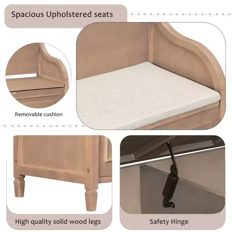 TUYOHW Banc de rangement rustique avec accoudoirs, banc d'entrée de style ferme avec charnière de sécurité, coussin fendu amovible, banc à chaussures pour chambre à coucher, salon
