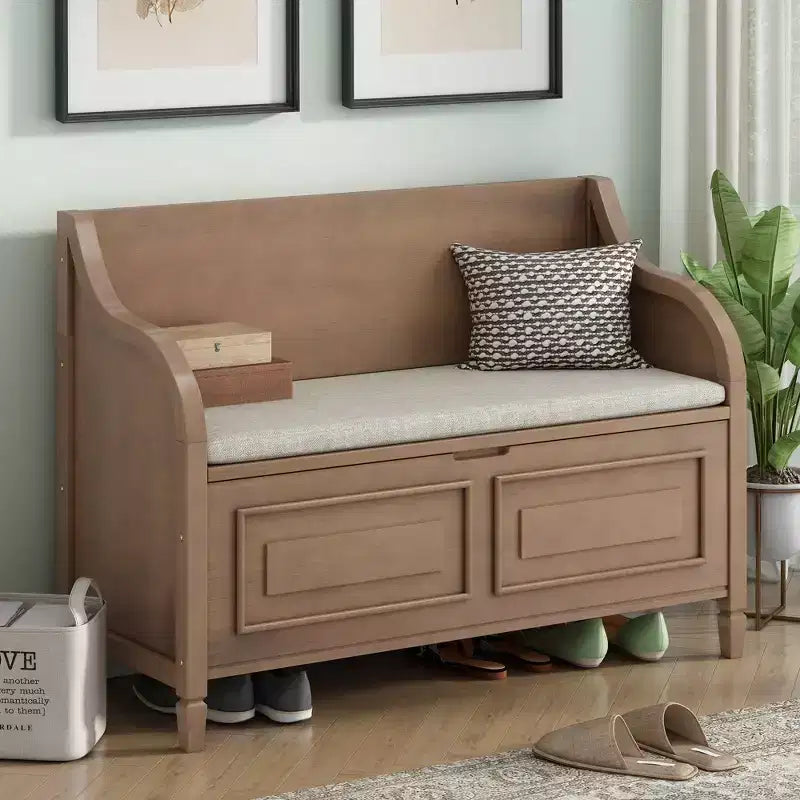TUYOHW Banc de rangement rustique avec accoudoirs, banc d'entrée de style ferme avec charnière de sécurité, coussin fendu amovible, banc à chaussures pour chambre à coucher, salon
