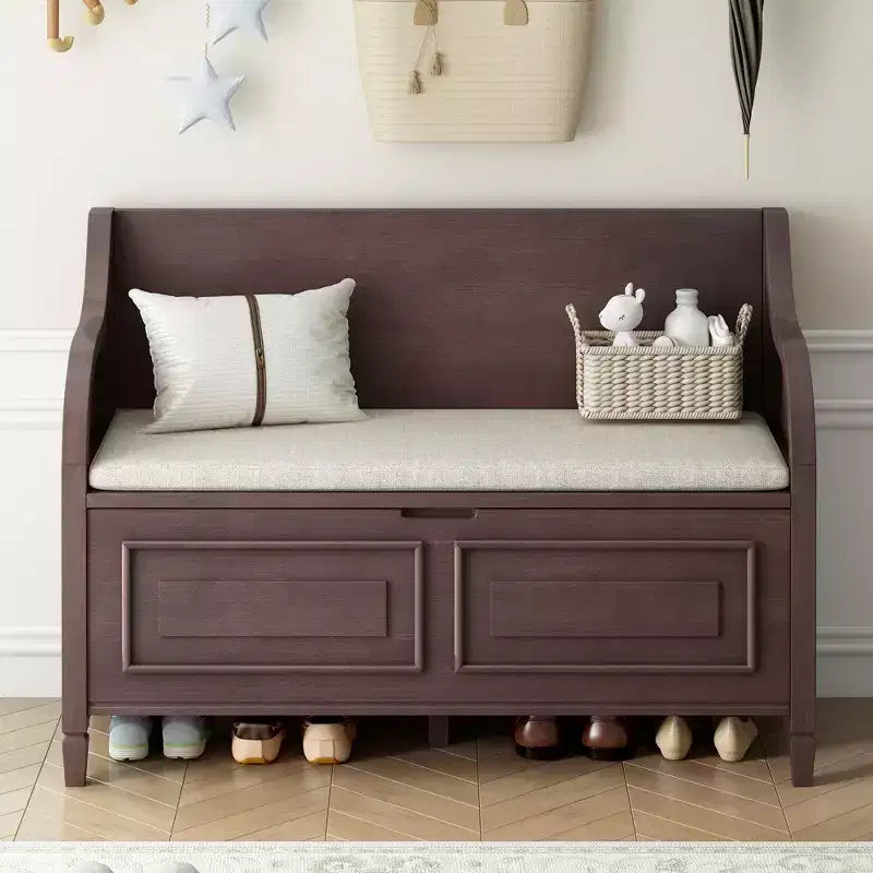 TUYOHW Banc de rangement rustique avec accoudoirs, banc d'entrée de style ferme avec charnière de sécurité, coussin fendu amovible, banc à chaussures pour chambre à coucher, salon