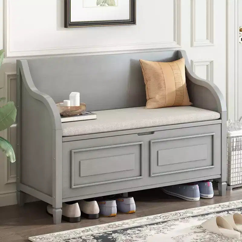 TUYOHW Banc de rangement rustique avec accoudoirs, banc d'entrée de style ferme avec charnière de sécurité, coussin fendu amovible, banc à chaussures pour chambre à coucher, salon