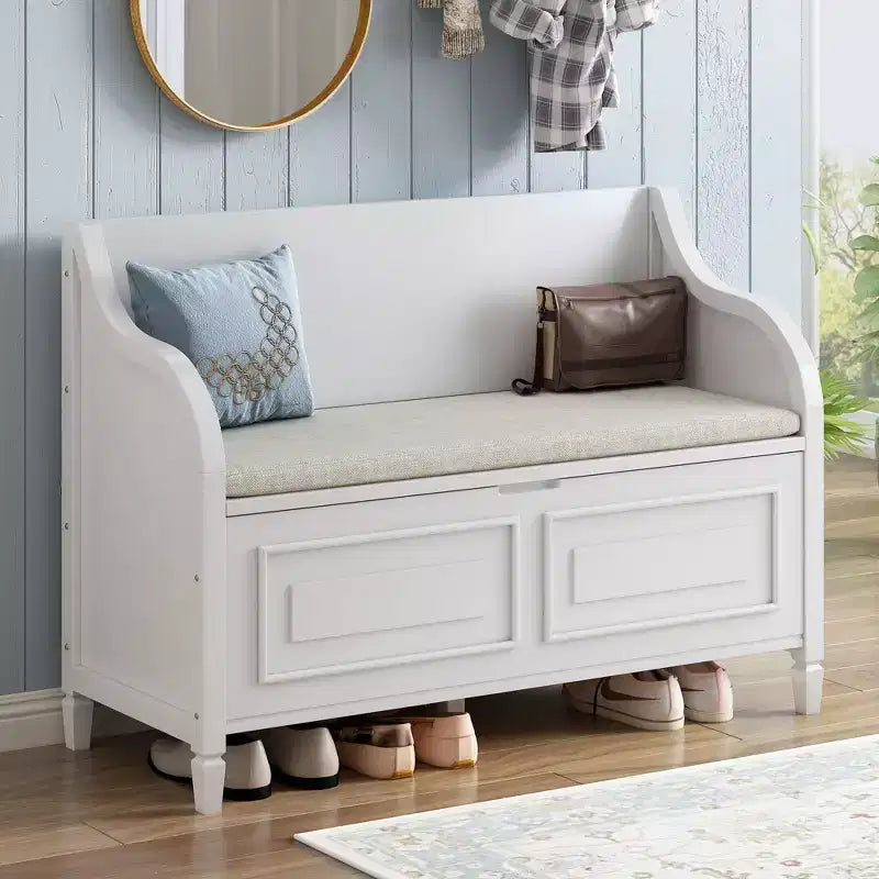 TUYOHW Banc de rangement rustique avec accoudoirs, banc d'entrée de style ferme avec charnière de sécurité, coussin fendu amovible, banc à chaussures pour chambre à coucher, salon