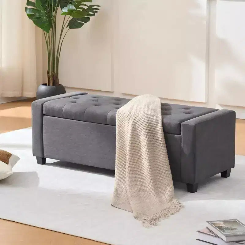 TUYOHW 48 Pouf banc de rangement capitonné avec charnière de sécurité - Banc d'entrée rembourré avec coutures diamant, banc de bout de lit pour salon, chambre à coucher
