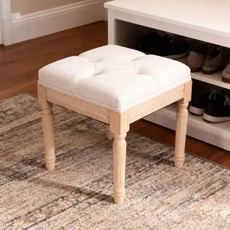 TUYOHW 15.75 Square Fabric Ottoman with Rubber Wood Legs,Tufted Footstool with Cushion,Vanity Stools for Bedroom,Dining Room,Living Room,Beige