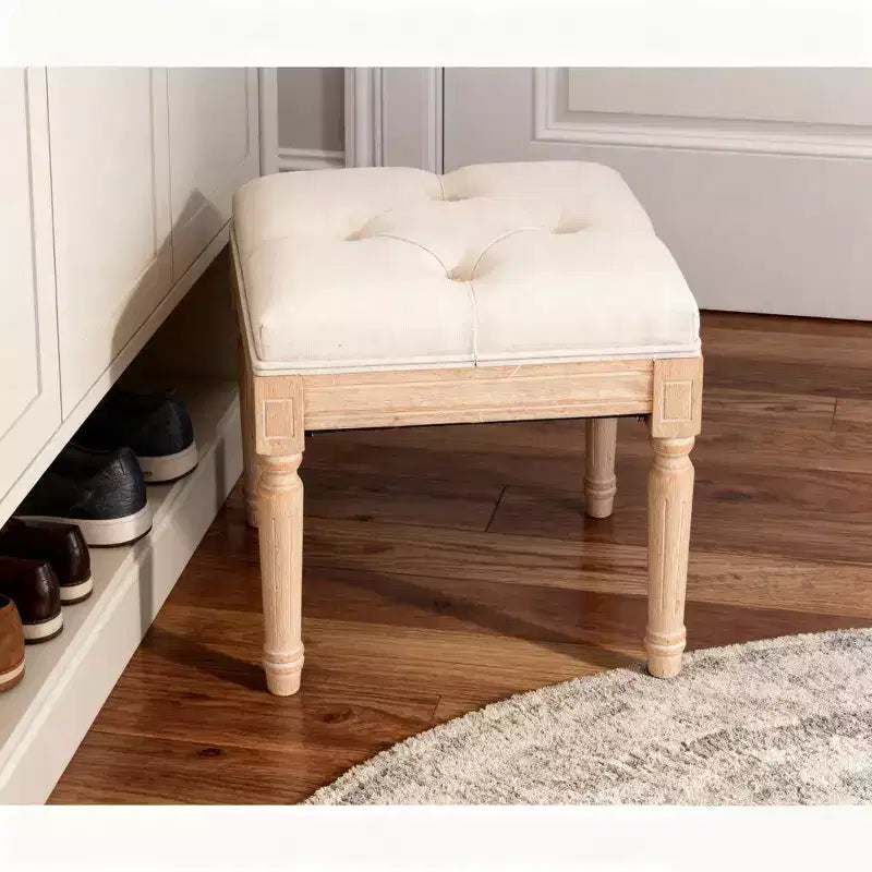 TUYOHW Pouf carré en tissu de 40 cm avec pieds en bois de caoutchouc, repose-pieds capitonné avec coussin, tabouret de coiffeuse pour chambre à coucher, salle à manger, salon, beige