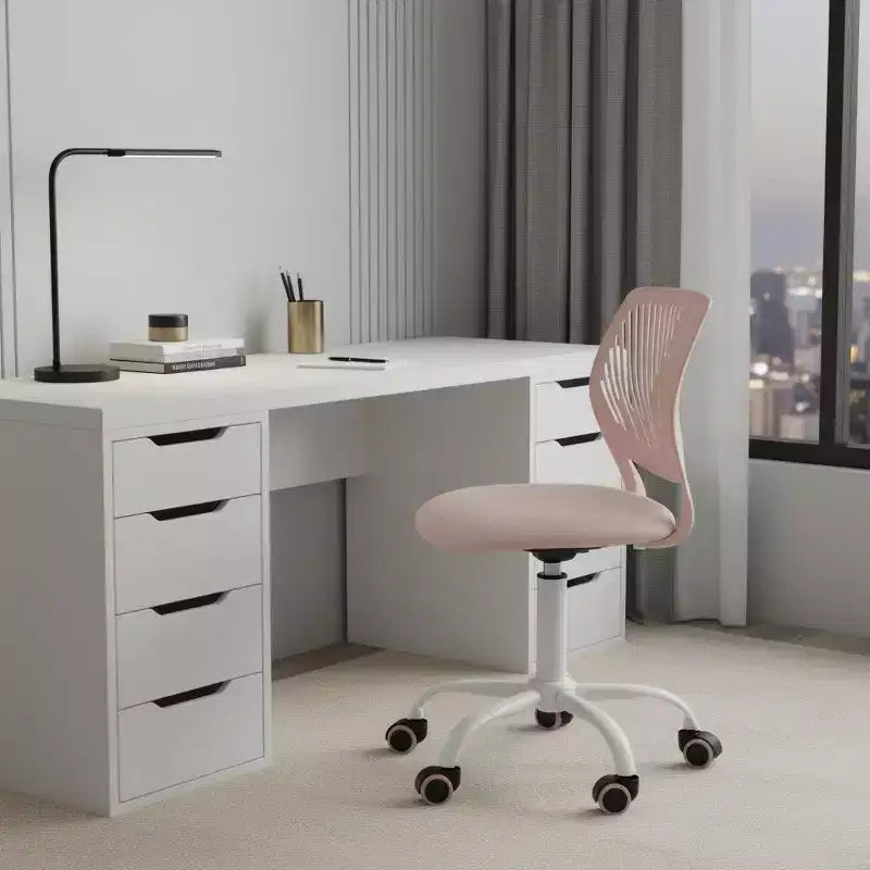 Chaise de bureau pivotante à roulettes, réglable en hauteur, HomeRoots, rose pâle et blanche