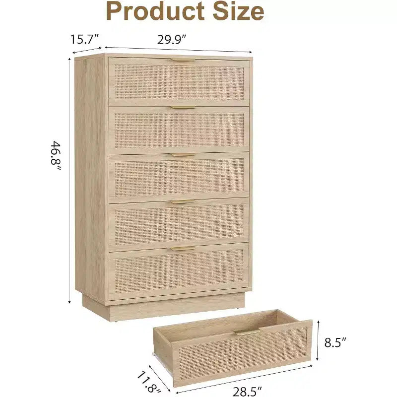 Commode 5 tiroirs en rotin pour chambre à coucher, Corps de meuble et pieds intégrés, Commode en bois pour couloirs, entrées et placards, Montage facile