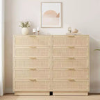 Commode 5 tiroirs en rotin pour chambre à coucher, Corps de meuble et pieds intégrés, Commode en bois pour couloirs, entrées et placards, Montage facile