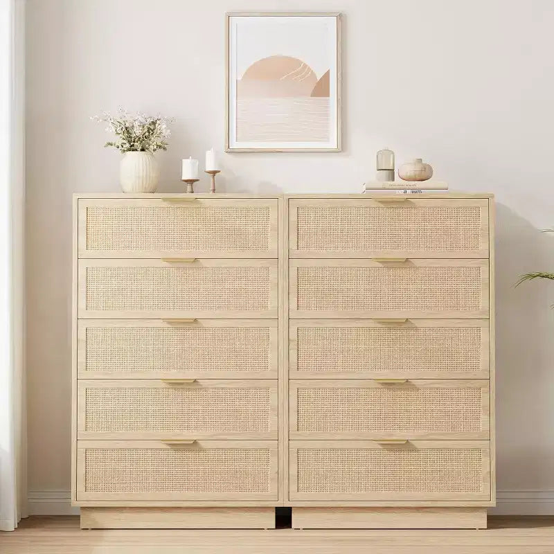 Commode 5 tiroirs en rotin pour chambre à coucher, Corps de meuble et pieds intégrés, Commode en bois pour couloirs, entrées et placards, Montage facile