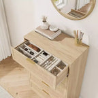Commode 5 tiroirs en rotin pour chambre à coucher, Corps de meuble et pieds intégrés, Commode en bois pour couloirs, entrées et placards, Montage facile