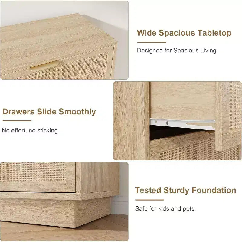Commode 5 tiroirs en rotin pour chambre à coucher, Corps de meuble et pieds intégrés, Commode en bois pour couloirs, entrées et placards, Montage facile