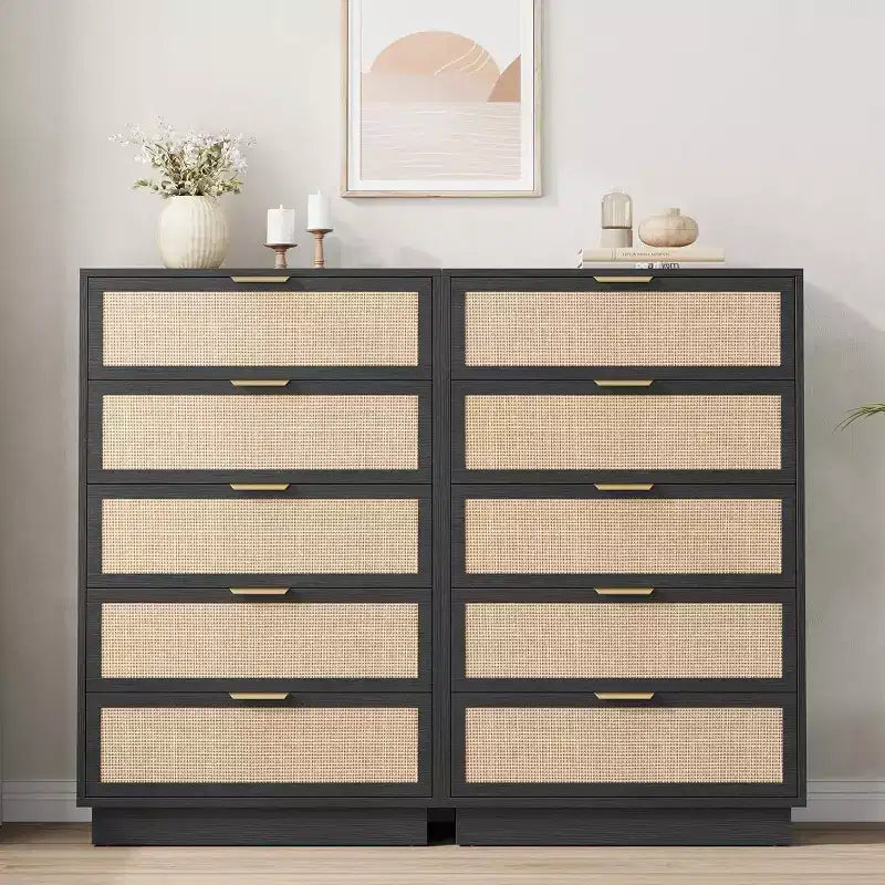 Commode 5 tiroirs en rotin pour chambre à coucher, Corps de meuble et pieds intégrés, Commode en bois pour couloirs, entrées et placards, Montage facile