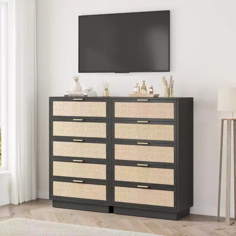 Commode 5 tiroirs en rotin pour chambre à coucher, Corps de meuble et pieds intégrés, Commode en bois pour couloirs, entrées et placards, Montage facile