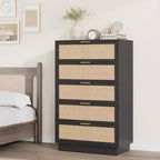 Commode 5 tiroirs en rotin pour chambre à coucher, Corps de meuble et pieds intégrés, Commode en bois pour couloirs, entrées et placards, Montage facile