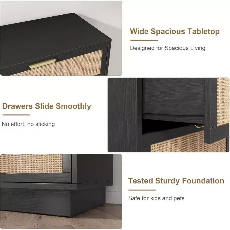 Commode 5 tiroirs en rotin pour chambre à coucher, Corps de meuble et pieds intégrés, Commode en bois pour couloirs, entrées et placards, Montage facile