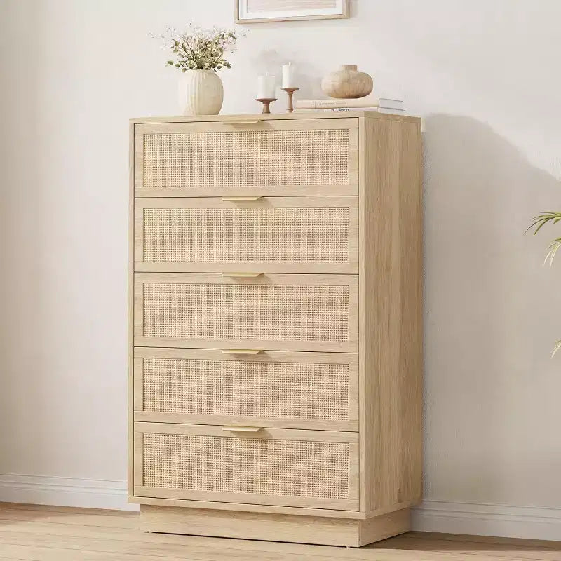 Commode 5 tiroirs en rotin pour chambre à coucher, Corps de meuble et pieds intégrés, Commode en bois pour couloirs, entrées et placards, Montage facile