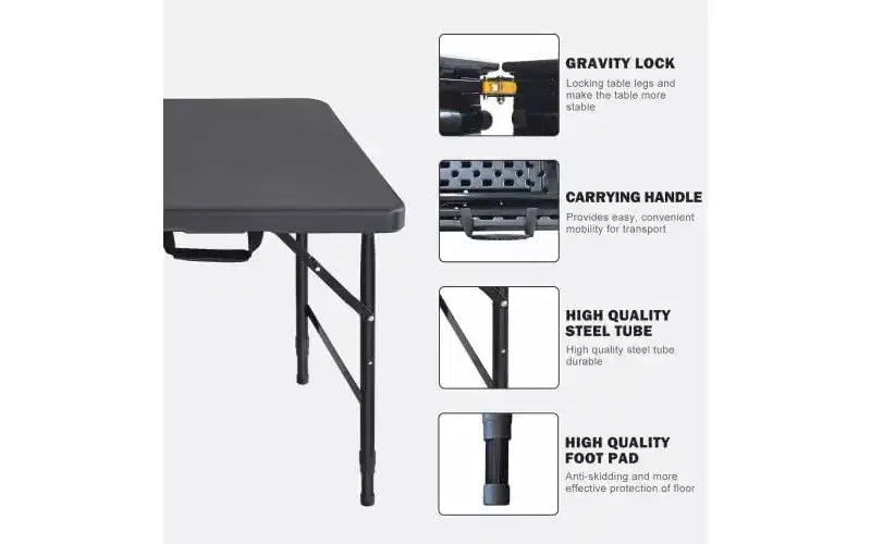 Table pliante robuste 1,20 m, hauteur réglable, imperméable, facile à nettoyer, plastique portable avec poignée, pieds antidérapants, capacité de 136 kg pour intérieur/extérieur